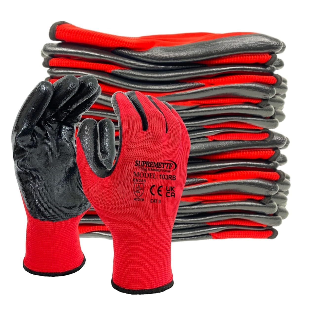 Supreme TTF 24 Pair Red Work Nitrile Coated Gloves Builder's Gardening Gloves Construction Warehouse use grip men women (XL-10)