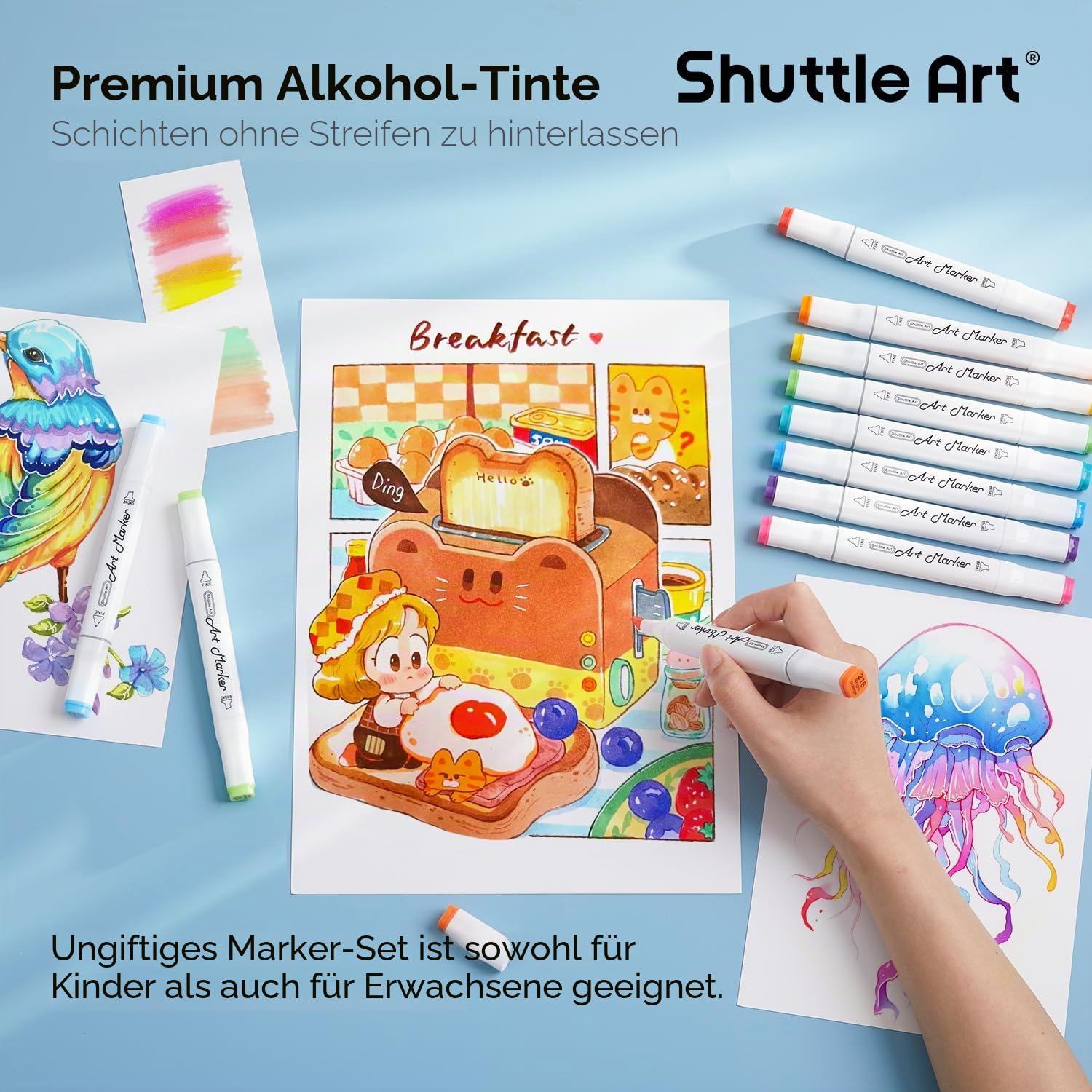Shuttle Art Alkohol Marker Set, 240 bunte doppelseitige Alcohol Marker Stifte Set mit Blender, Markerblock, Etui, Twinmarker Stifte für Kinder, Erwachsene, Alkohol Stifte zum Malen