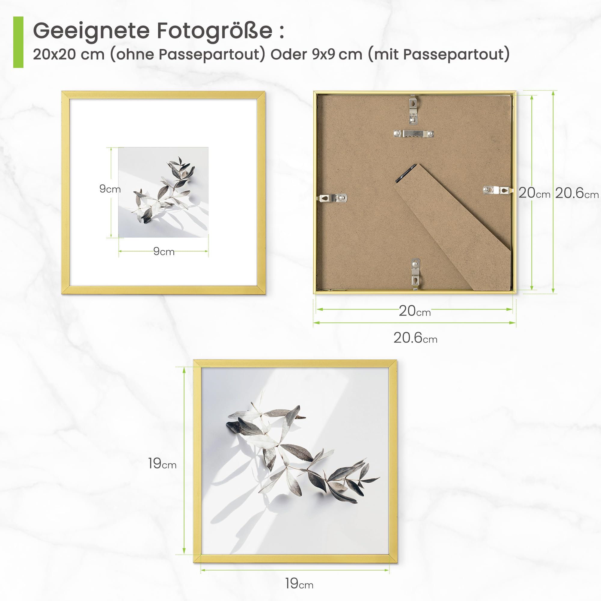 Cornice portafoto in alluminio, 20 x 20 cm, 20 x 20 cm, cornice quadrata senza passepartout o 9 x 9 cm, con passepartout in metallo con vetro temperato per foto, collage, decorazione di