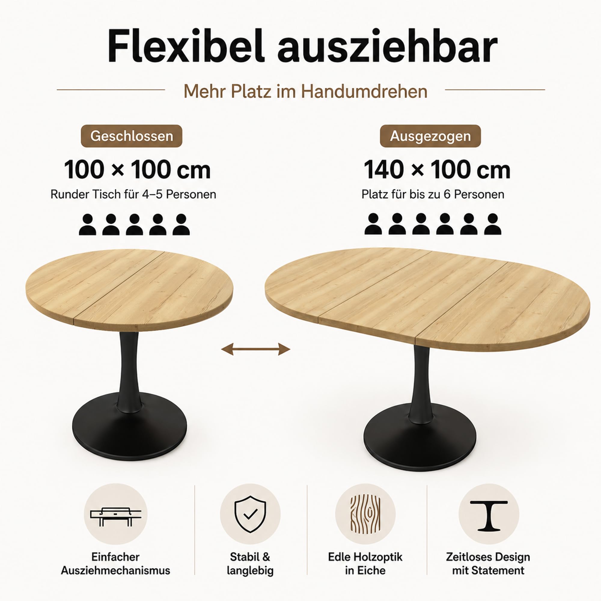 Tavolo da pranzo allungabile in MDF, ovale, 100/140 cm, rotondo