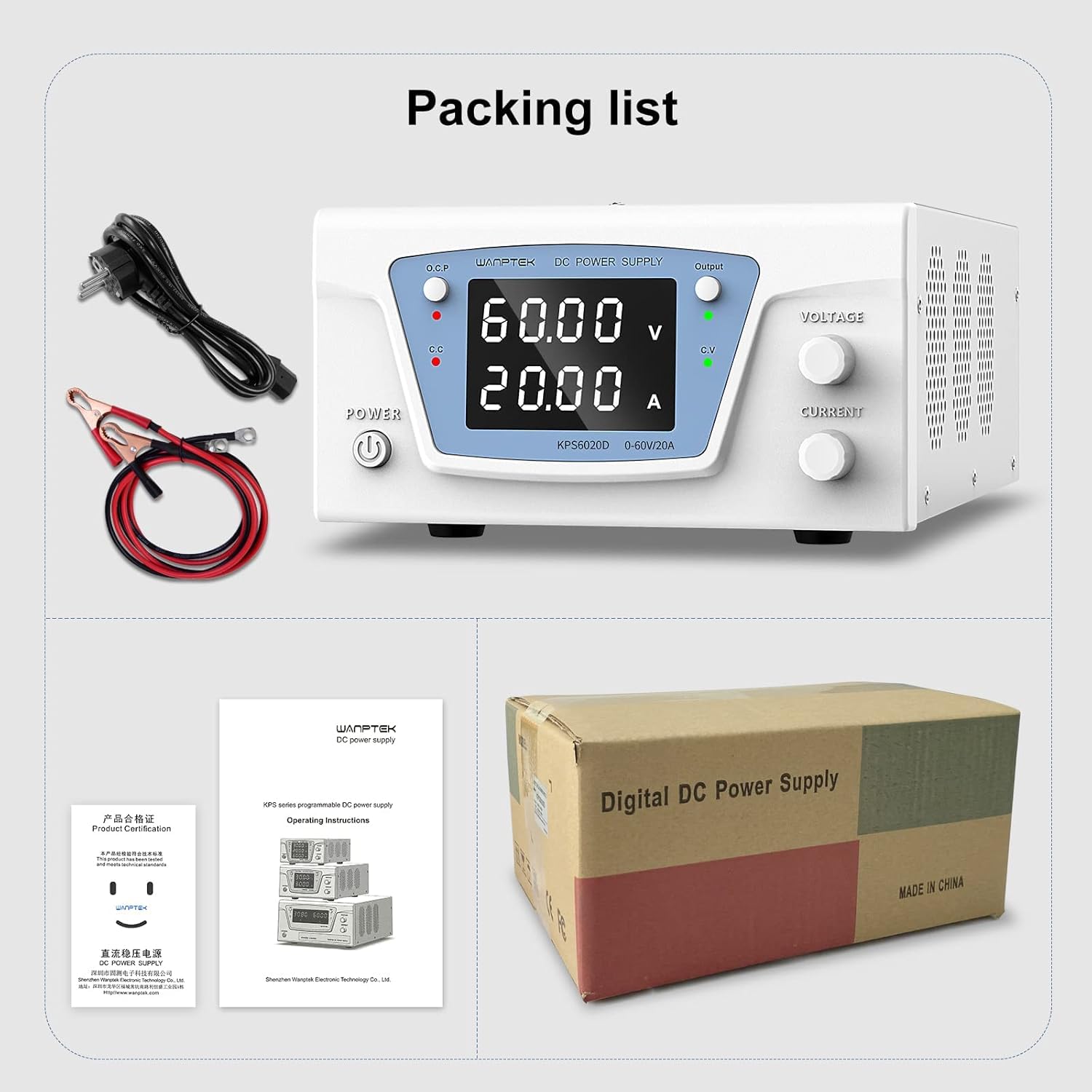 Contents included in the Wanptek KPS6020D power supply package.