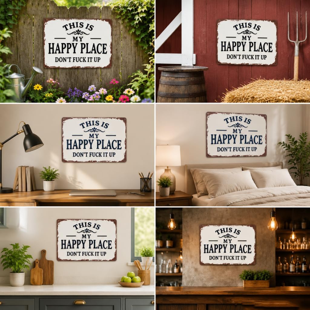 Funny Garden Metal Sign -"This Is My Happy Place Don't F*ck It Up Vintage Decor, Home Kitchen Art,Welcome Square Sign for Home Kitchen Garden Farm Bar or Coffee Wall Decor (11.8 * 7.8in)