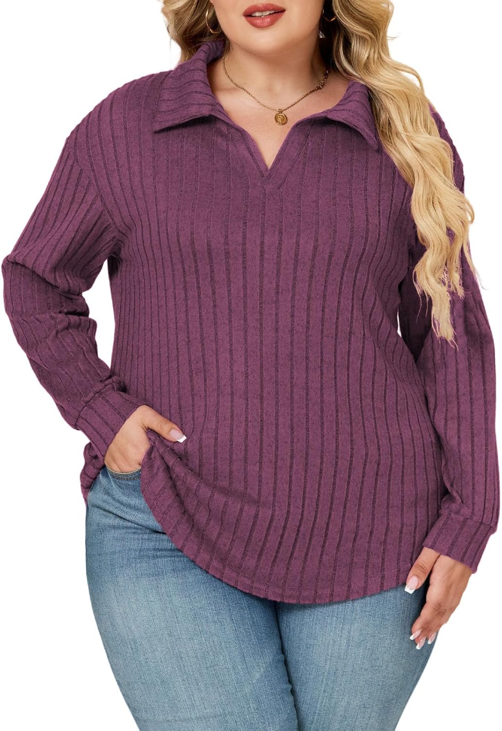 ROSRISS Plus Size Tops for Women Casual Knit Sweaters Going Out Lapel V Neck T-Shirts Lightweight Long Sleeve Blouses - Image 3