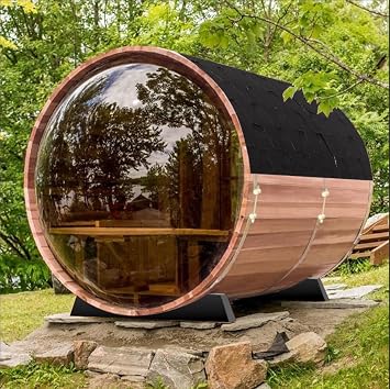 Outdoor Wooden Panoramic Barrel Sauna, 4-6 Person Sauna Room 220V, 6kw Toule Electric Heater, Accessories and Asphalt Shingle Roof Red Ceder