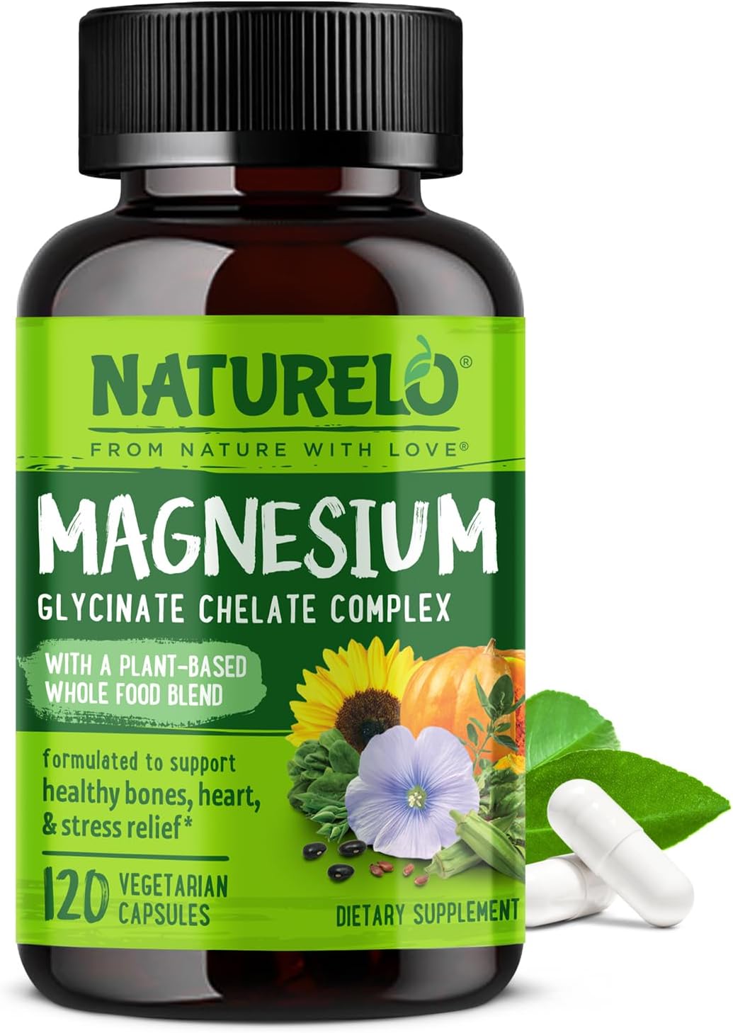 Magnesium Glycinate Chelate Complex - 200 mg Magnesium with Organic Vegetables to Support Sleep, Calm, Muscle Cramp & Stress Relief – Gluten Free, Non GMO - 120 Capsules