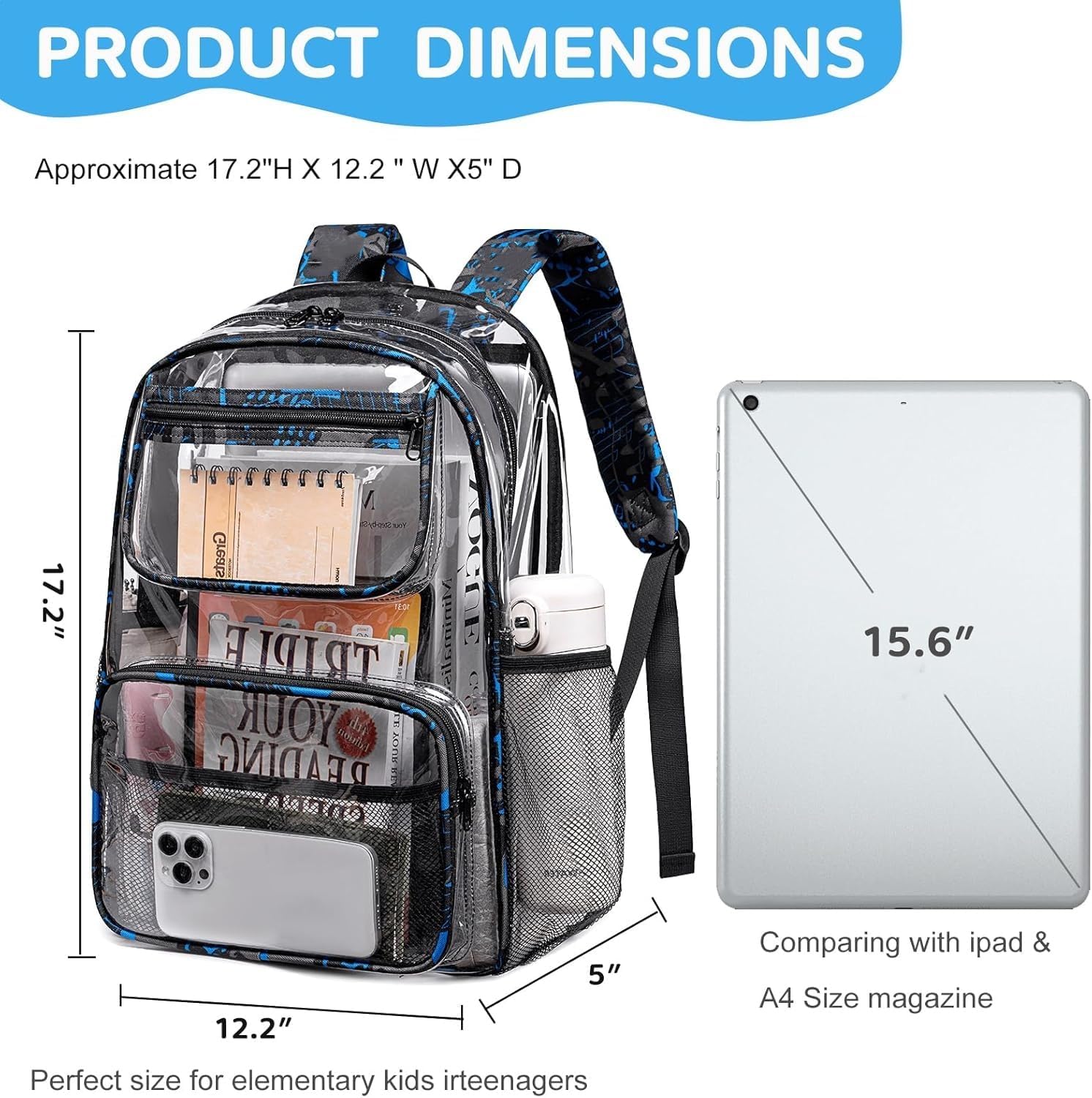 Bluboon Clear Backpack Heavy Duty Kids Boys Clear Bookbag See Through Backpacks with Pencil Case for College Work (Transparent Blue) - Image 2