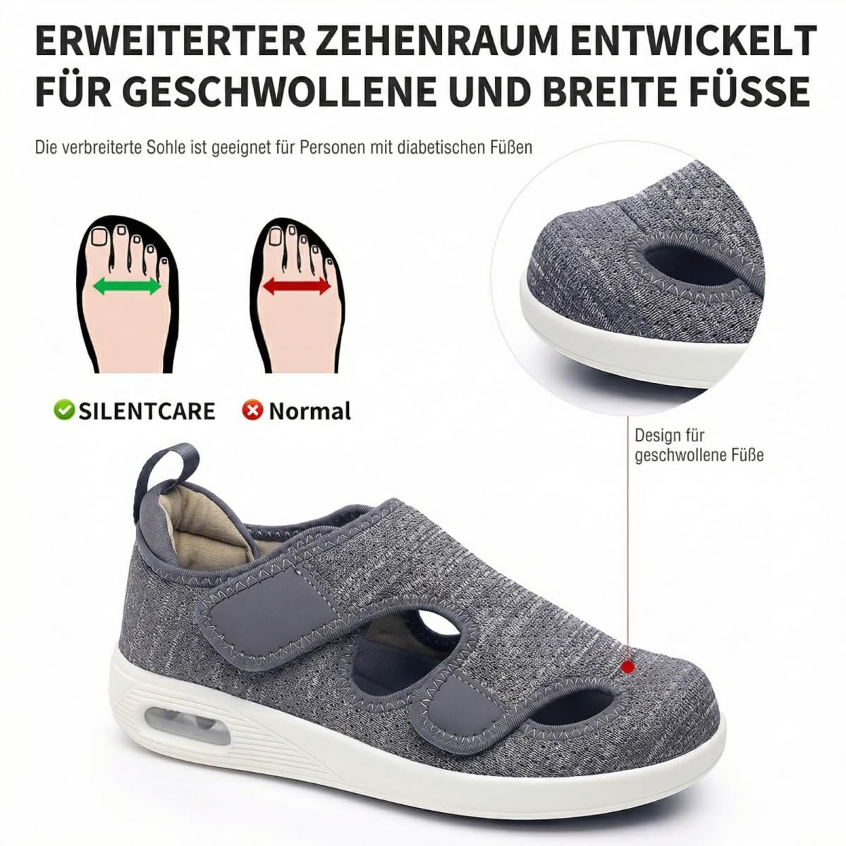 VibeCraft Diabetessandalen für Damen und Herren mit Klettverschluss, Druckentlastend und atmungsaktiv, Ideale Sandalen für geschwollene Füße und den täglichen Gebrauch