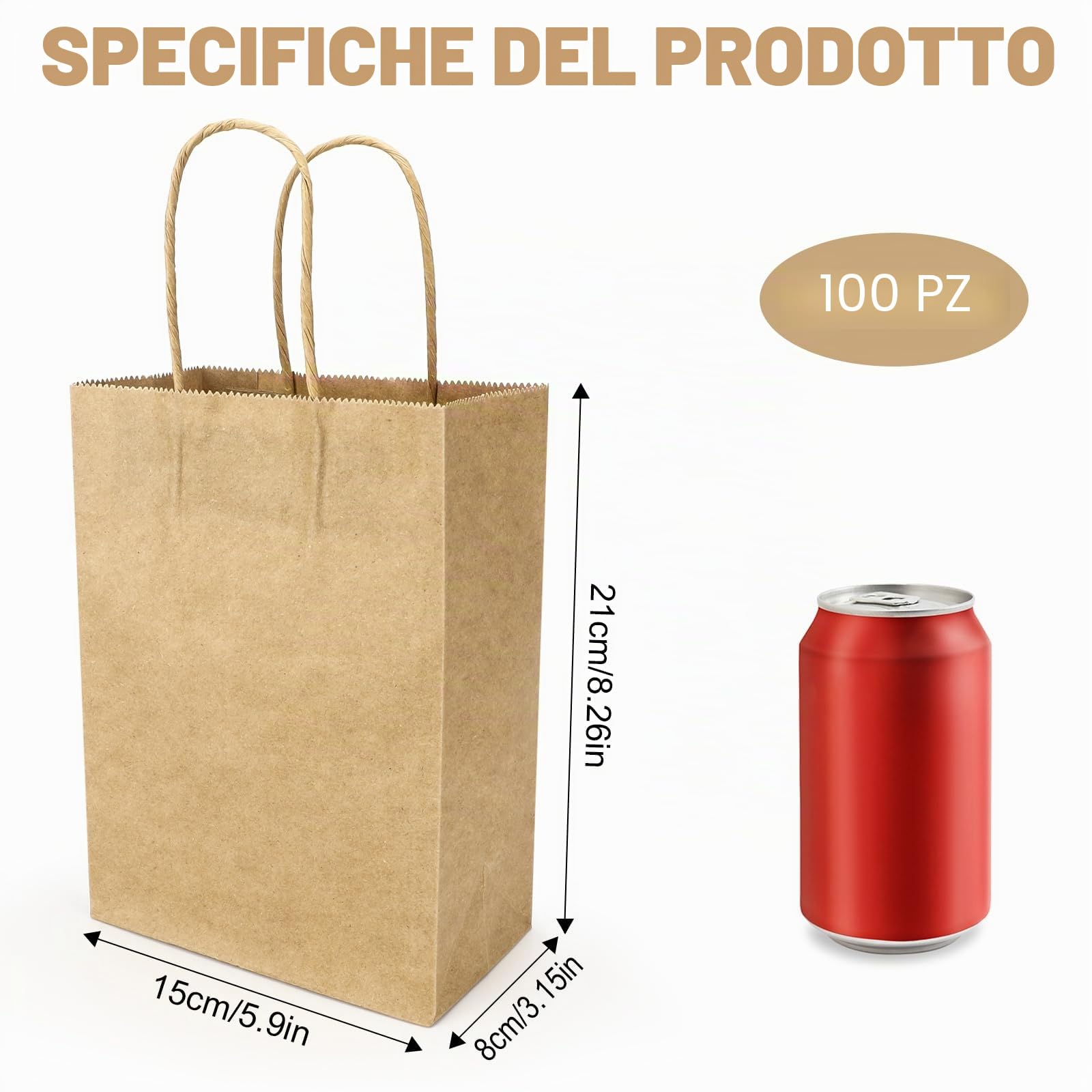 Sacchetti Carta con Manici, 100 Pezzi Sacchetti di Carta Kraft, Sacchetti Regalo Carta per Cottura, Feste di Compleanno, Natale, Shopping, Regali, 21x15x8cm (Marrone)