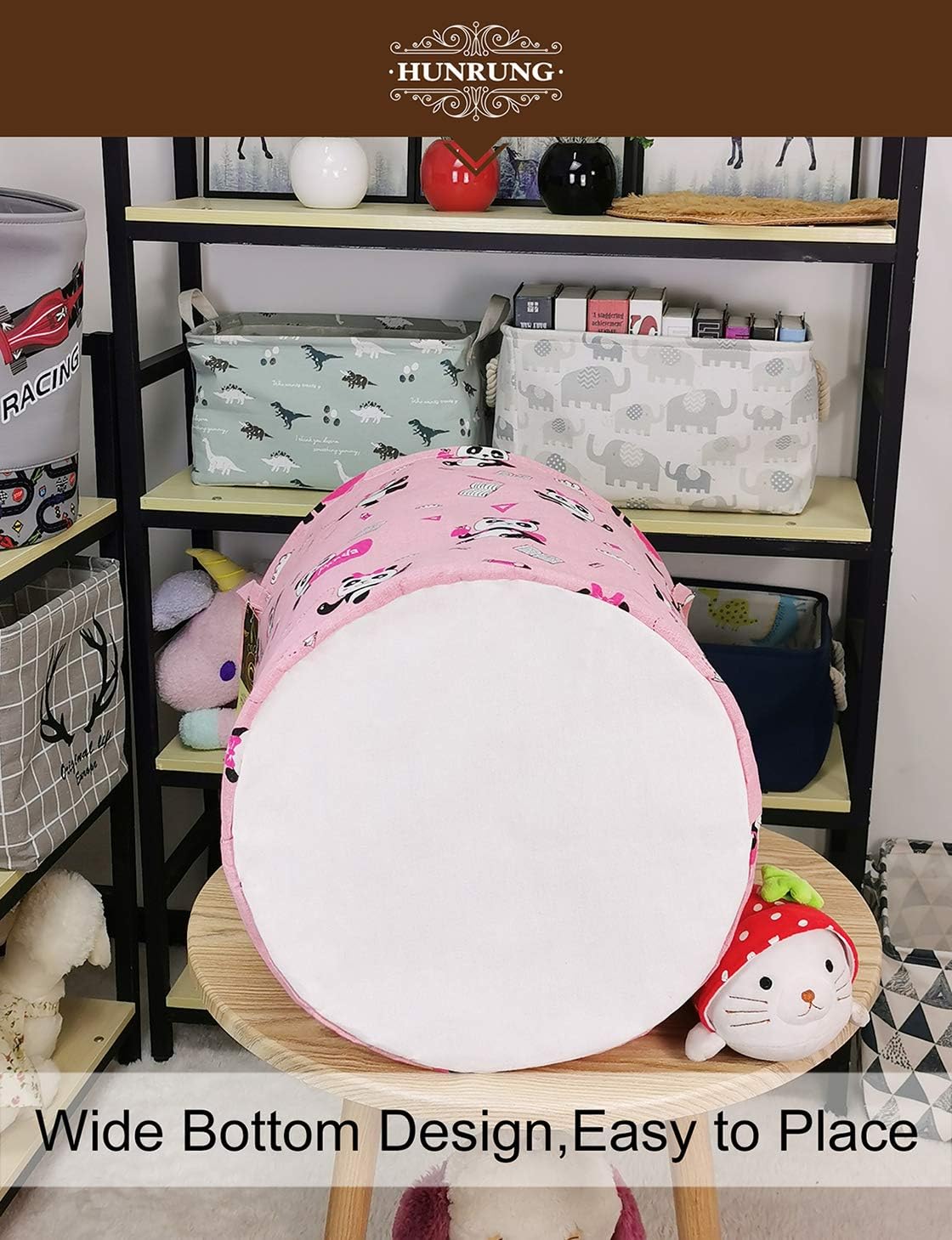 HUNRUNG Laundry Hamper,Large Canvas Fabric Lightweight Storage Basket Toy Organizer Dirty Clothes Collapsible Waterproof for College Dorms, Children Bedroom,Bathroom（Round-Pink-Book Panda）
