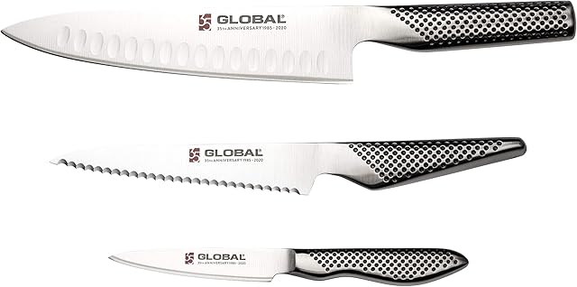 Global 35th Anniversary Special Edition 3-Piece Set containing Cooks, Utility Knife & Paring Knife  Cromova 18 high Carbon Stainless Steel, Metallic Silver, 25 cm