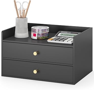 Bamboo Desk Organizer with Drawers,Wooden Desktop Storage2 Drawers, Black