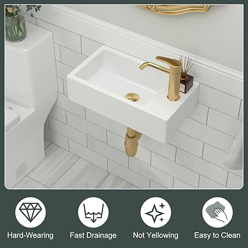 Miniatura 6 de Fregadero de baño de 18 pulgadas  Fregadero rectangular pequeño de 18 x 10 pulgadas para montaje en pared, fregadero de baño de cerámica de