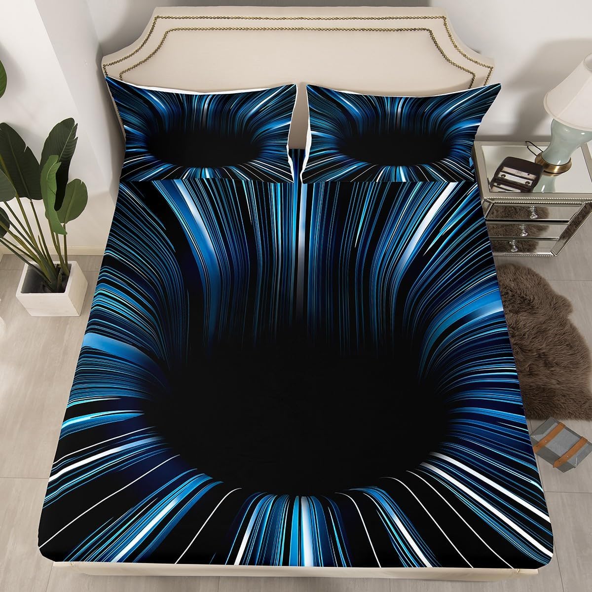 Black Light Blue Fitted Sheet 3D Black Hole Abstract Geometric Bed Sheets Queen,Modern Striped Circle Swirl Sheets,Geometric Stripes Line Artwork Room Decor for Men