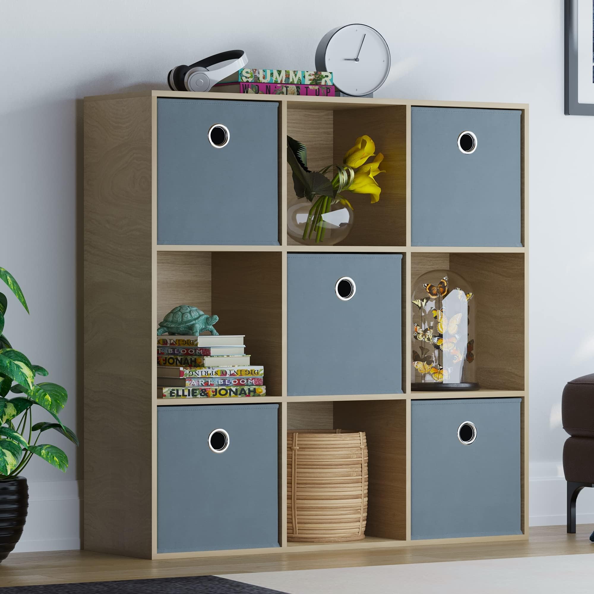 Vida Designs Durham Cube Bookcase Storage Organiser Living Room Bookshelf Home Office Furniture (9 Cube & 5 Grey Baskets, Oak)