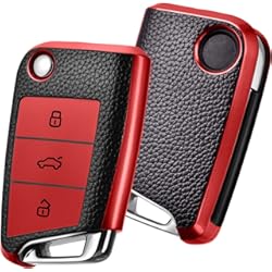 Fundas Para Llave Vw OATSBASF Funda para llave adecuada para Volkswagen, para Golf 7, Polo, Skoda, Seat, poliuretano termoplástico, textura de cuero rojo