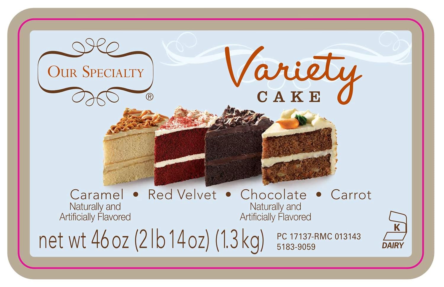 Our Specialty 8" Double Layer Variety Cake, Caramel, Carrot, Chocolate & Red Velvet, 46 oz (frozen: 0 degrees)