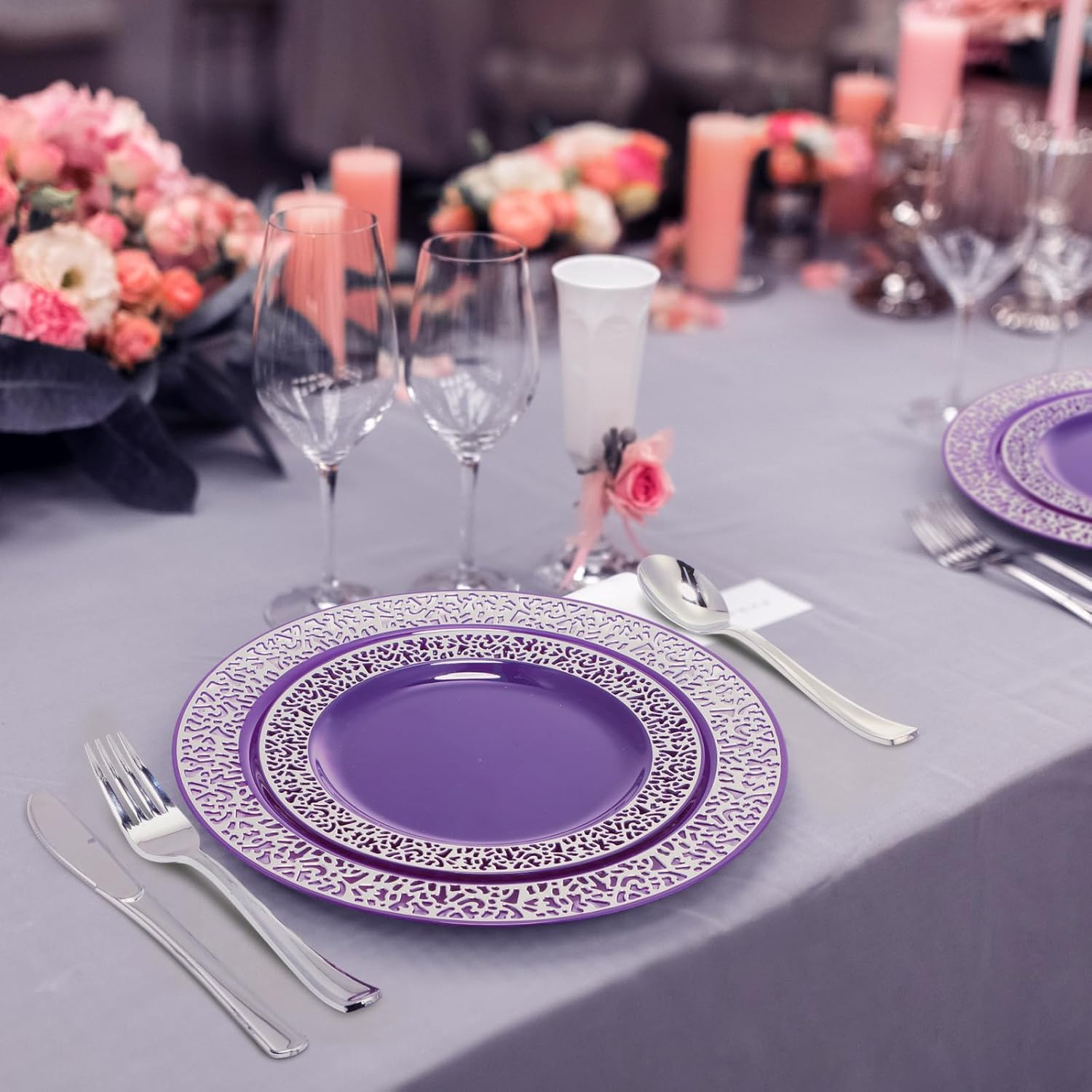 Norme 150 Pcs Plastic Dinnerware Set Include 10.2'' Dinner Plates 7.5'' Salad Plates 9 oz Rimmed Cups Knives Forks and Spoons for 25 Guests Wedding Party(Purple)