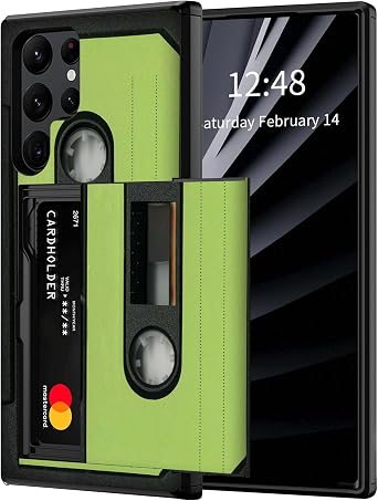 for Samsung Galaxy S23 Ultra Wallet Case with Green Tape Cassette Design, Dual Layer Hybrid Hard ID Card Slot Soft Rubber Bumper Slide Cover Hidden Card Holder for Galaxy S23 Ultra 2023