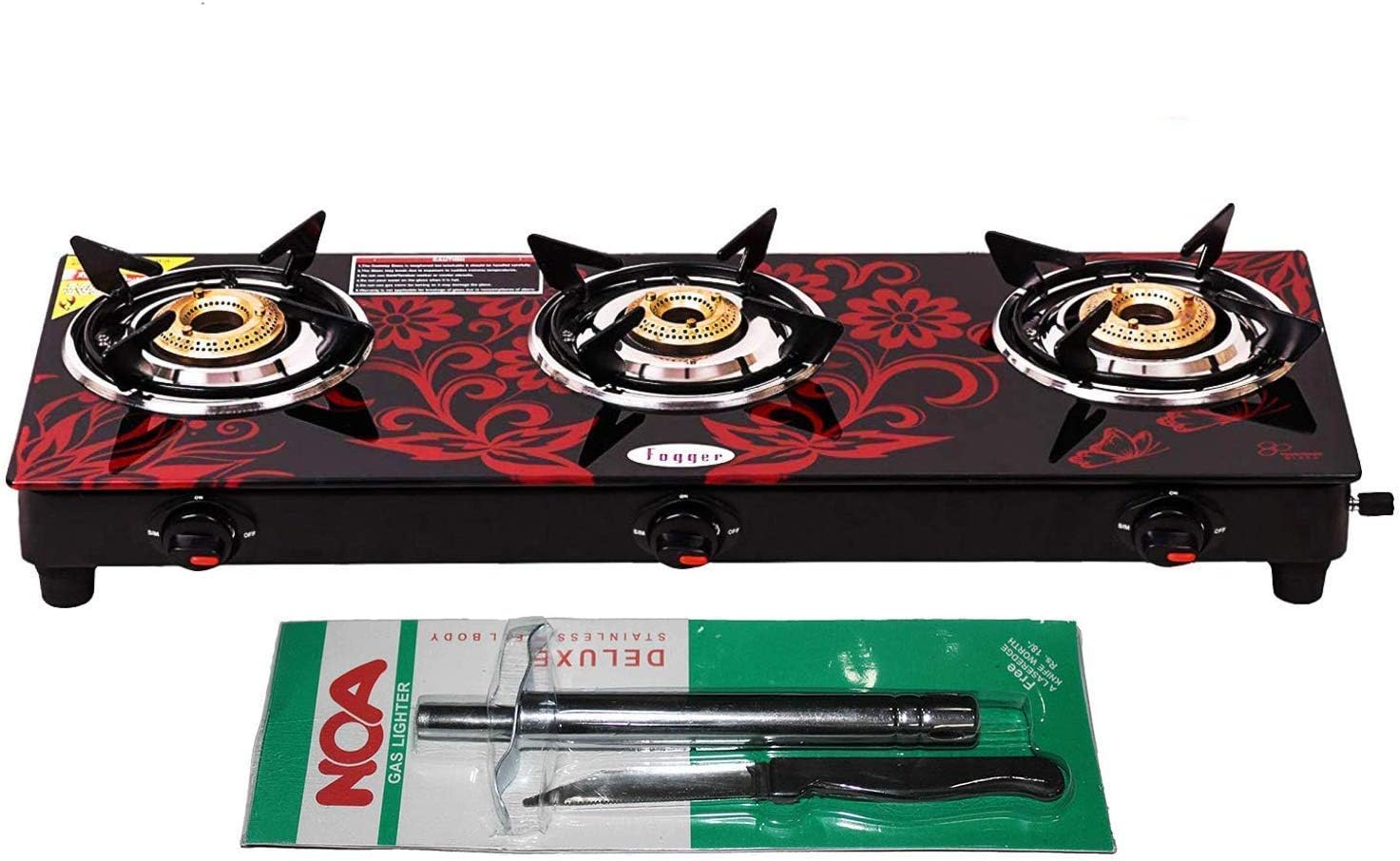 Fogger Glass Manual LPG 3 Burner Gas Stove,1 Piece, 75x27.5x9 cm, Red