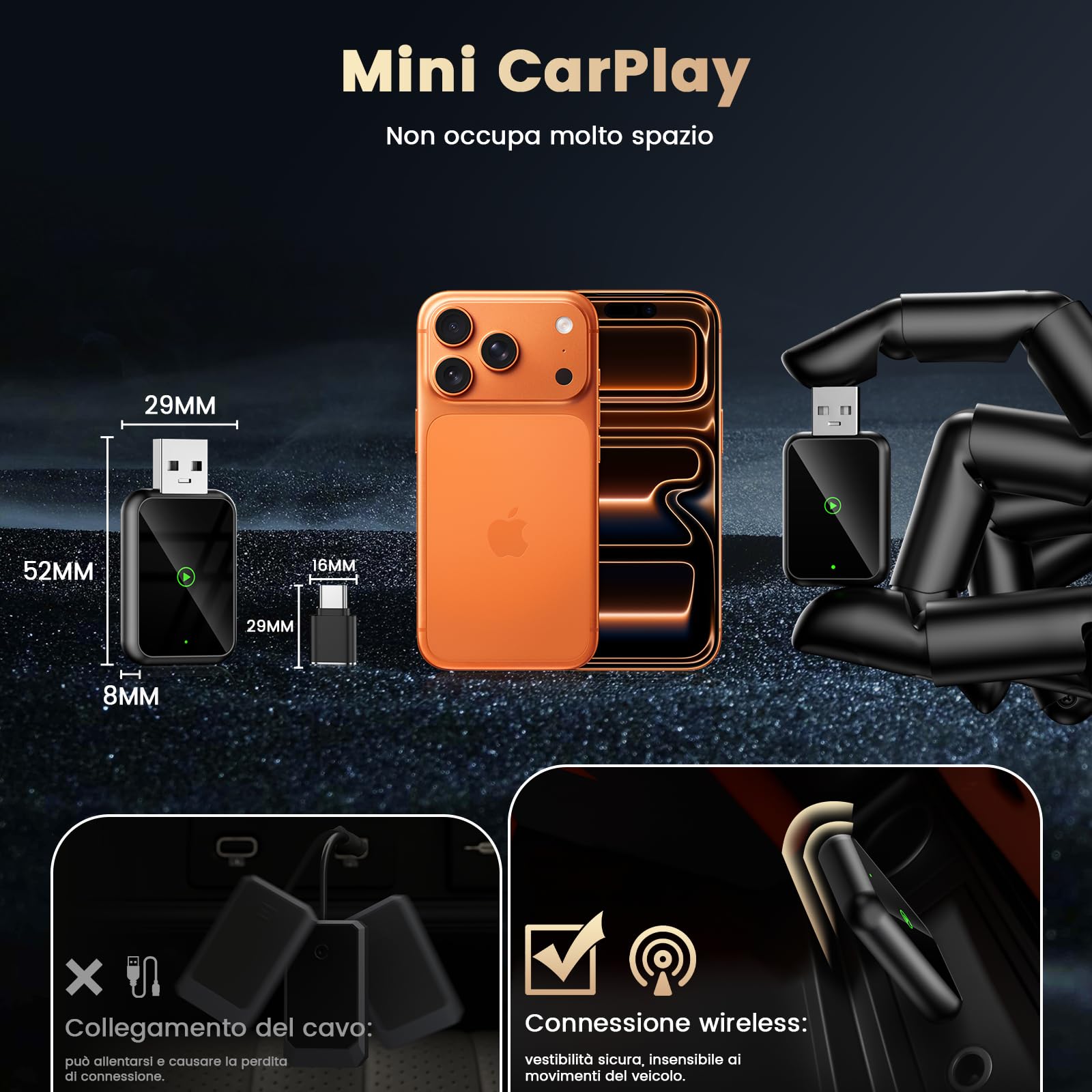 Mini adattatore wireless CarPlay 2 in 1, adattatore wireless per auto Android, Plug & Play, USB-A/C, connessione rapida stabile, compatibile con iOS 10+ e Android 11+, aggiornamento senza fili, nero