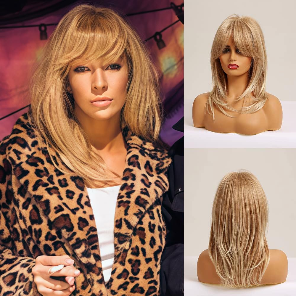 MAGQOO Strawberry Blonde Wig Women Shoulder Length Ombre Blonde Wig with Bangs Blonde Layered Wigs Synthetic Heat Resistant