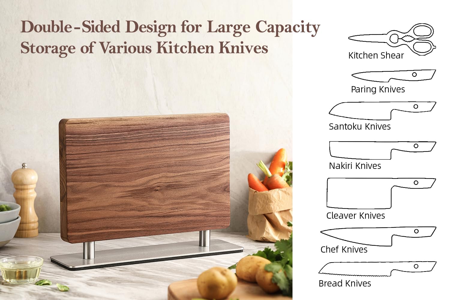 XINZUO Madera de Nogal Bloque Cuchillos Magnético -Soporte Magnético Doble Cara Iman Extra Fuerte-Base Antideslizante-Ahorro de Espacio-Porta Cuchillos Magnético-Fácil de Limpiar-con Caja de Regalo