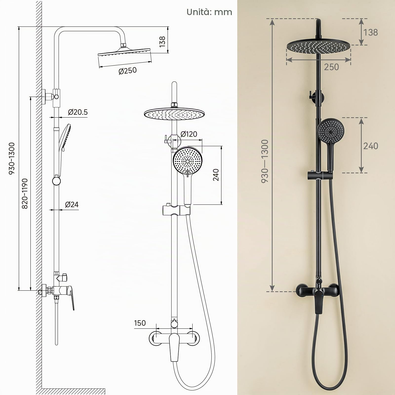 Auralum Colonna Doccia con Miscelatore, Saliscendi Doccia con Soffione Altezza Regolabile, Asta Doccia Acciaio Inox, Miscelatore Doccia Esternoe, Nera