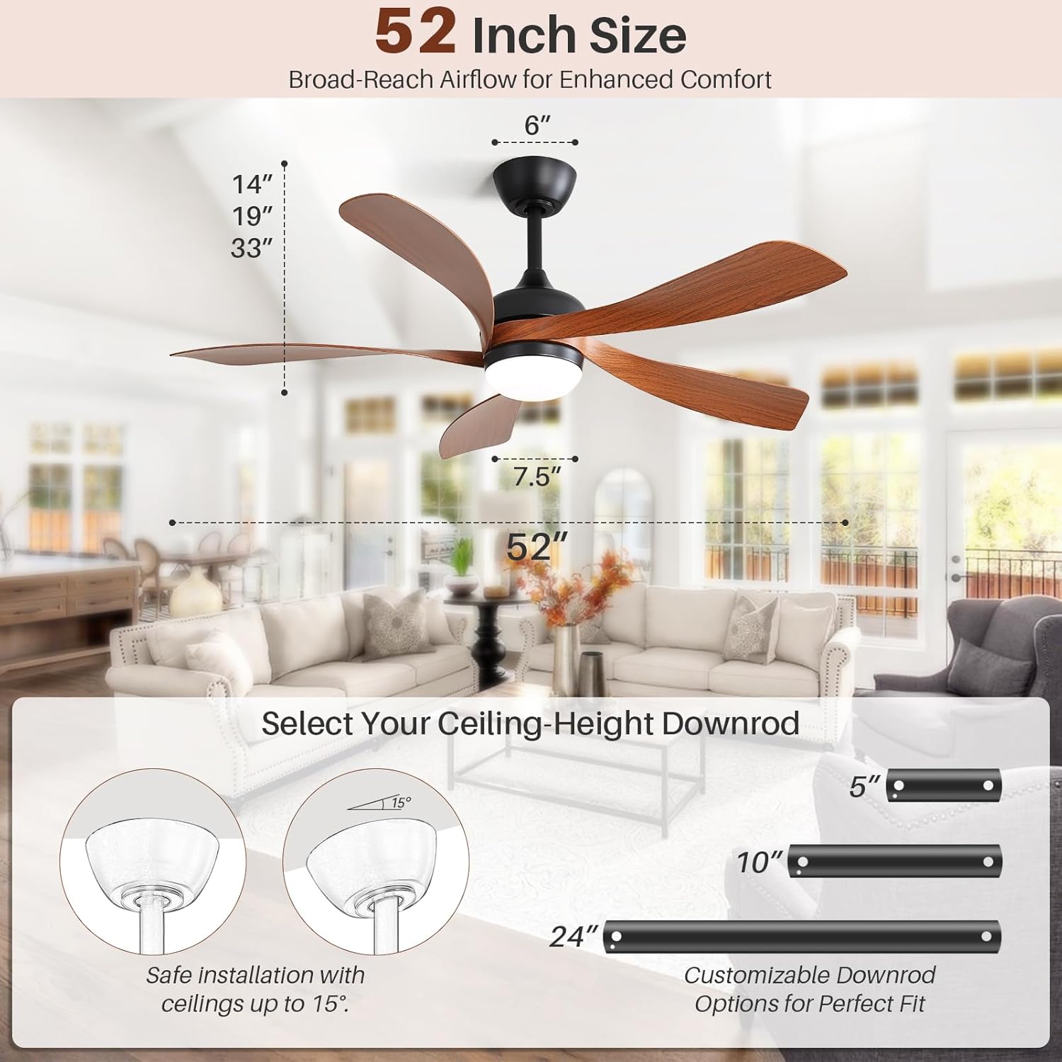 CACI Mall 52 inch Smart Ceiling Fan with Lights, Remote Control, Compatible with Alexa/Google/App, 5 Blades, Dimmable Lighting, Quiet, Indoor/Outdoor Ceiling Fans for Living Room, Bedroom, Patios