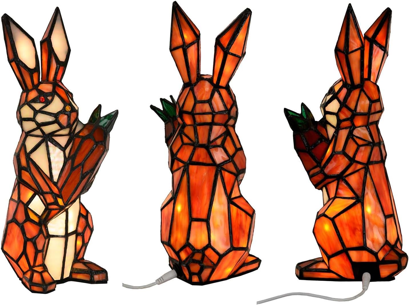 Bieye L10951 Rabbit Holds Carrot Tiffany Style Stained Glass Accent Table Lamp for Home Decor (Orange)