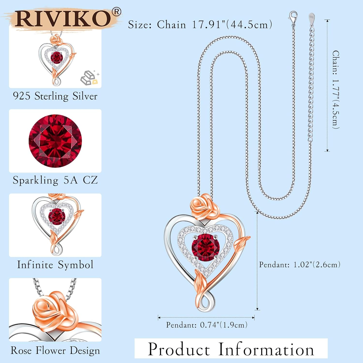 RIVIKO Infinity Heart Symbol Rose Birthstone Necklace for Women,925 Sterling Silver Heart Pendant Necklaces,Anniversary Valentines Jewelry Birthday Mothers Day Gifts for Mom Her Wife Women Girlfriend - Image 5
