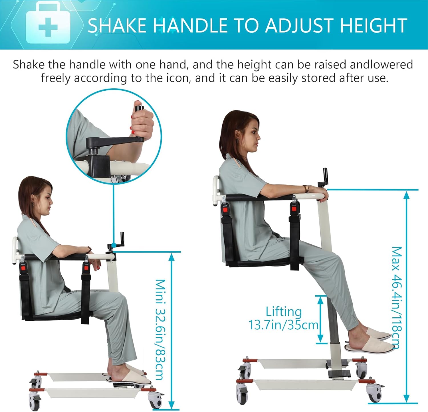 Patient Lift for Home Transfer Lift Wheelchair Shower Wheelchair, Lightweight Adjustable seat Height, Commode Chair for Toilet, Portable Patient Lift for car, Chair Lifts Assist for Elderly