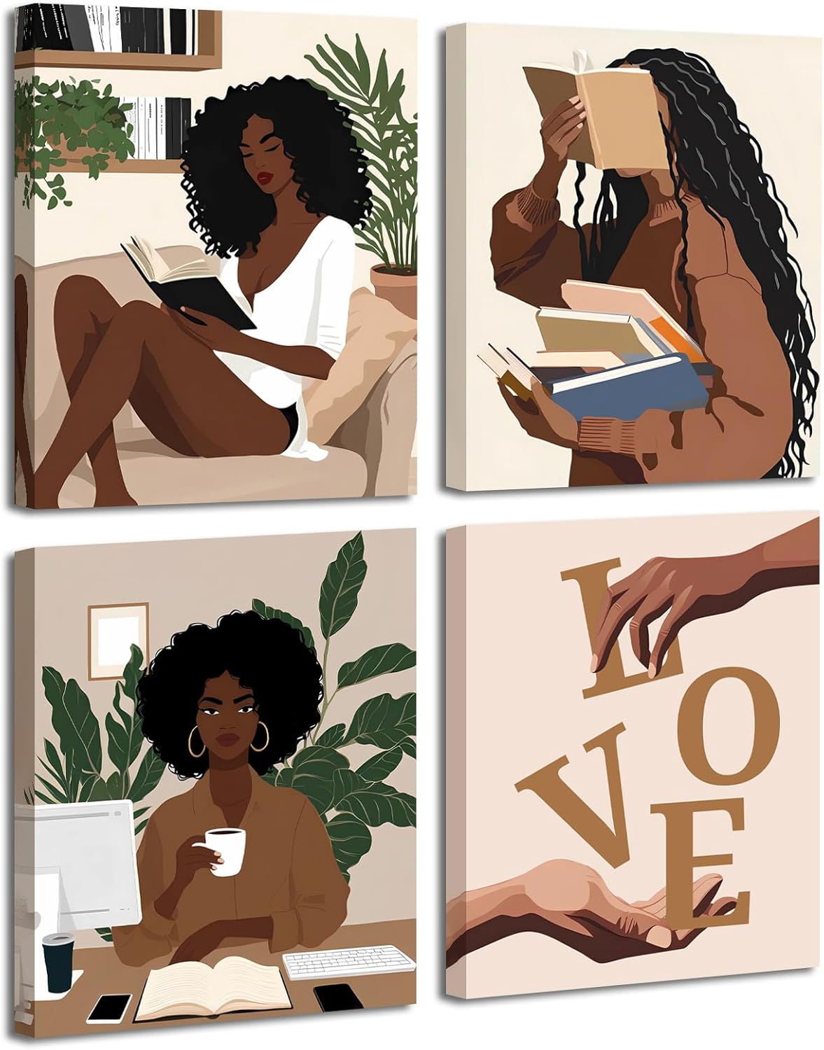 African American Books Wall Art Prints,Framed Black Girl Reading Canvas Poster,Book Lover Painting Artwork,Modern Black Woman With Book Art Wall Decor for Bedroom Living Room,Set of 4(8"X10"