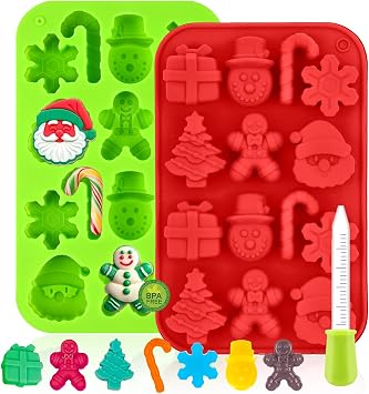 2 Pack Christmas Candy Cane Mold With Dropper,Xmas Theme Baking Molds for Making Chocolate, Candy, Gummy and More - Red & Green
