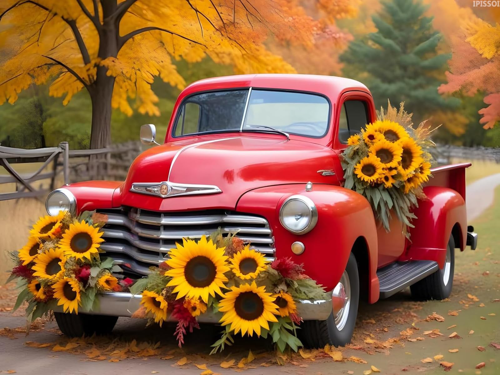 IPISSOI Red Truck Diamond Art Painting Kits for Adults, Sunflower Truck Maple Leaf Full Drill Diamond Dots Paintings 5D Paint with Diamonds Pictures