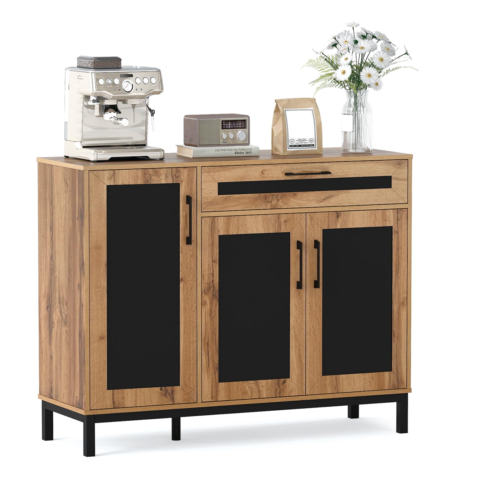 TANGZON Buffet Sideboard, 3 Doors Storage Cabinet with Drawer, Removable Shelves, Metal Legs & Color Contrast Design, Wooden Kitchen Cupboard Unit for Dining Living Room Hallway (120 x 41 x 95 cm)
