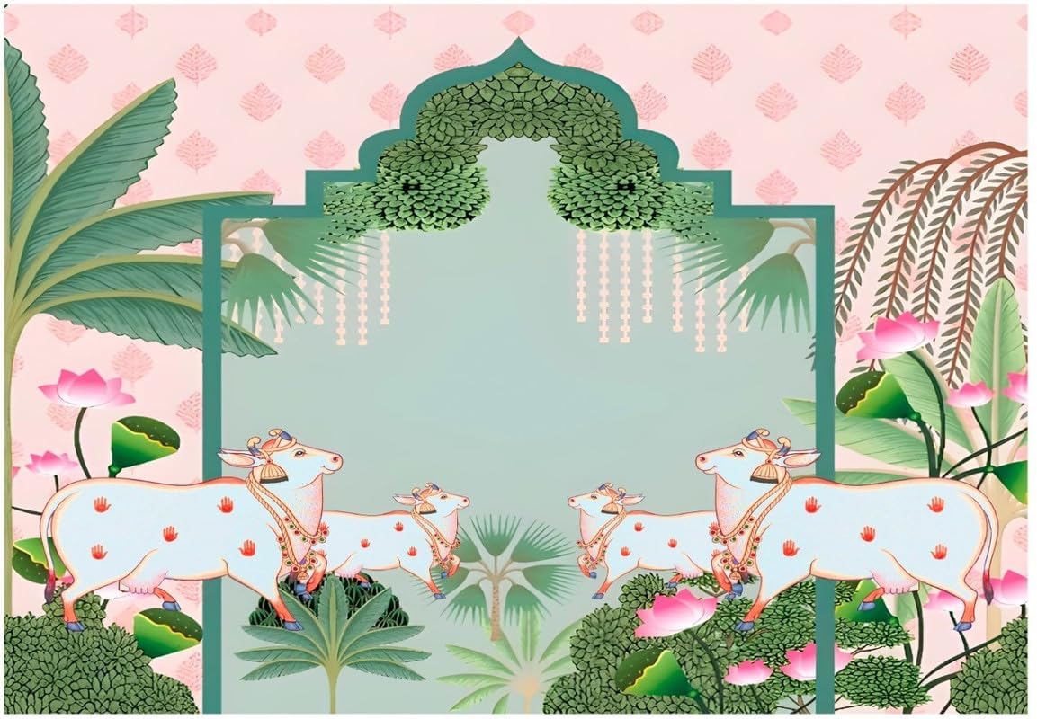 Backdrop Cloth for Haldi New House Ceremony Home Decoration Cloth for All Functions and Photography 8 X 5 Feet (Banana Tree with Cow Design)