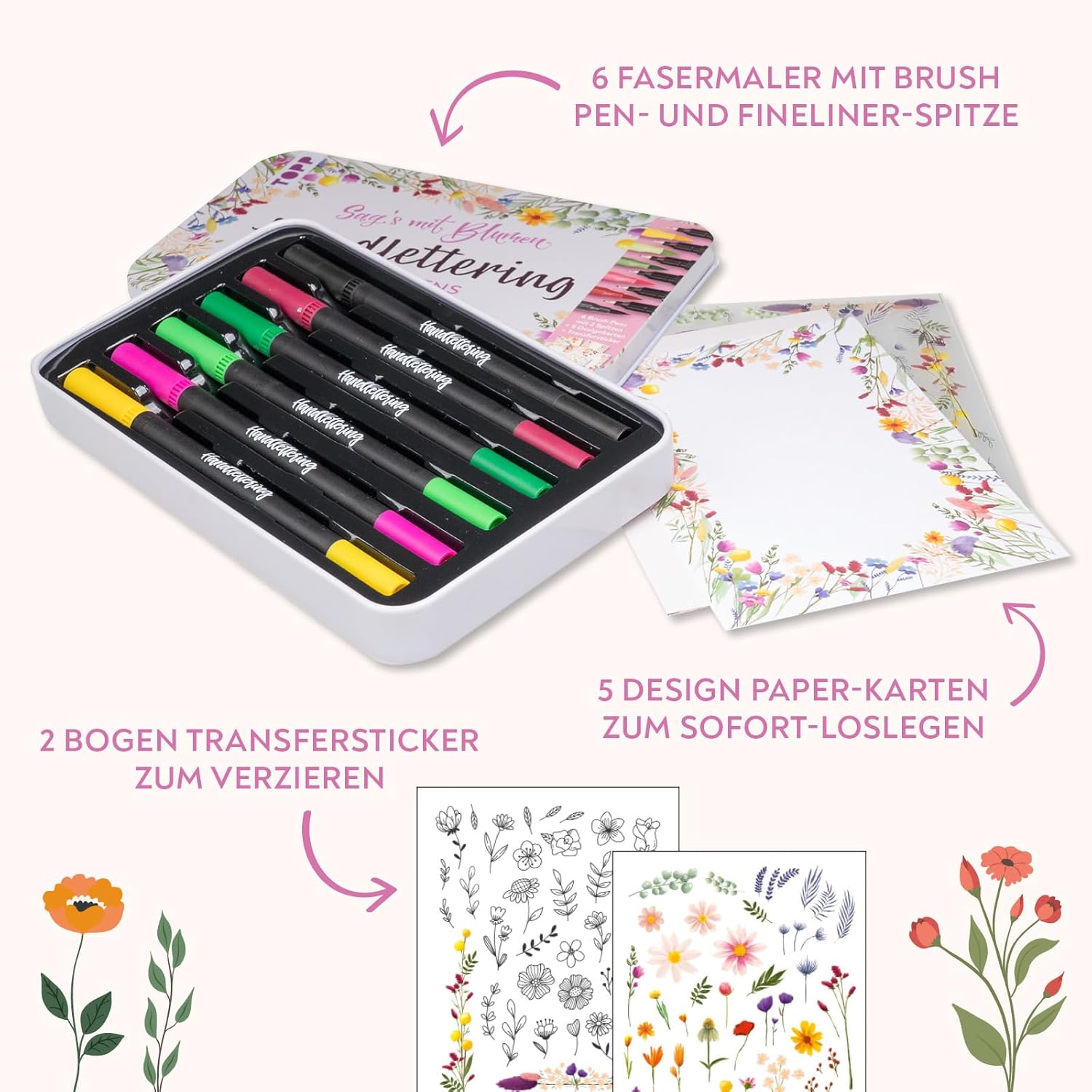 TOPP Hand Lettering Design Tin Brush Pens Sag's with Flowers