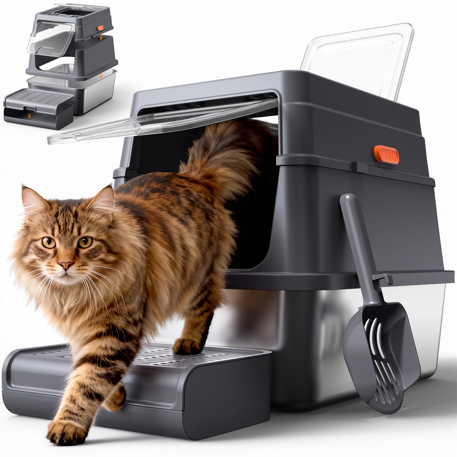 Cat Litter Box - Stainless Steel Litter Box with Lid for Kitty, Metal Base Enclosed Cat Box with Litter Scoop, Elevated Step Box, Activated-Carbon Pack, 17.1" x 13.2" x 15", Grey