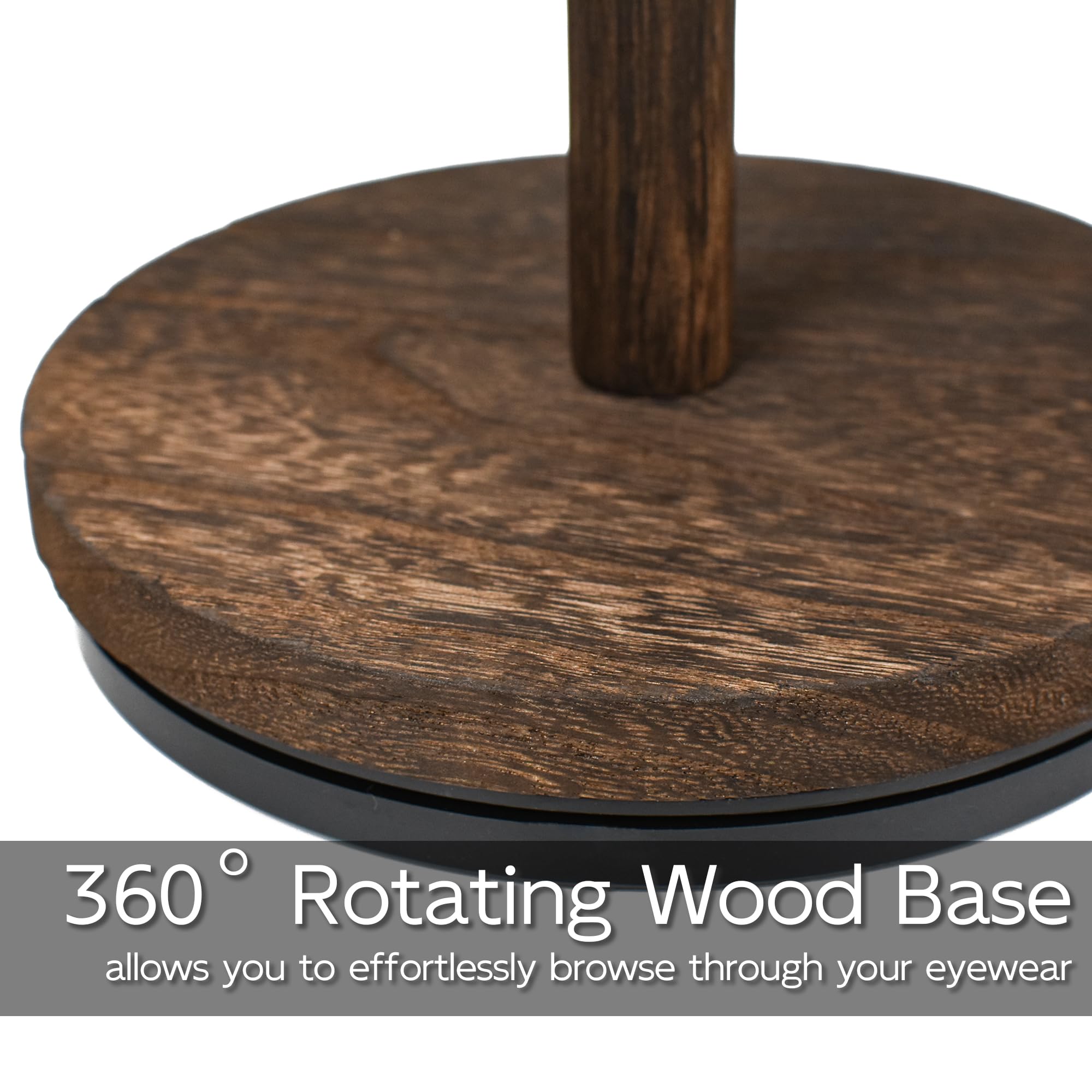 Organizador giratorio 360° para gafas de sol con bandeja de madera y base de vidrio, expositor de almacenamiento múltiple para mesa
