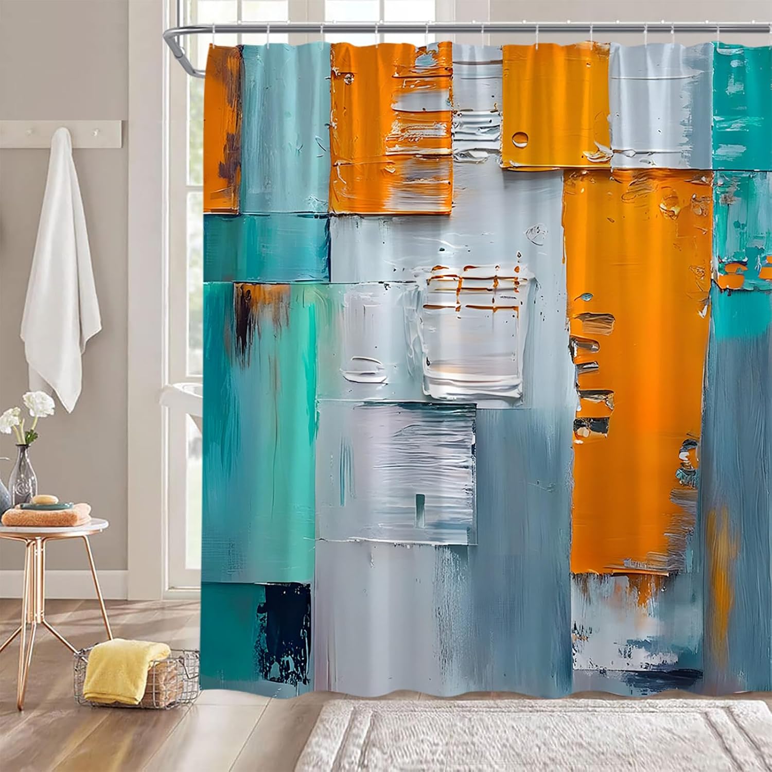 Teal Orange Shower Curtain Turquoise and Blue Orange Abstract Brushstrokes Painting Modern Art Vintage 70"x96" Fabric Bathroom Decor Curtain with Hooks