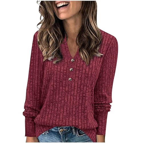 LRMQS Long Sleeve Shirts for Women Button V Neck Work Office Trendy Tops Blouse Dressy Casual Fall Fashion Clothes Outfits