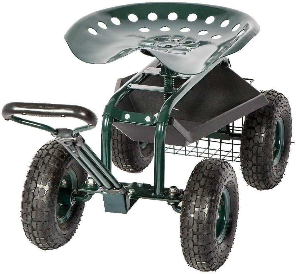 KINTNESS Rolling Garden Stool Cart Work Seat Heavy Duty Wagon Scooter with Extendable Steer Handle Swivel Seat & Utility Basket โฆ
