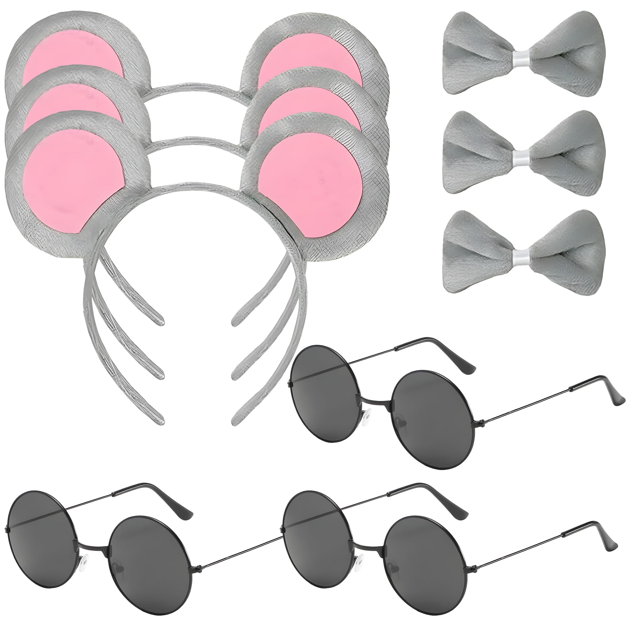 MOSNOW 9pcs Blind Mouse Costume Set (3 Headbands + 3 Bow Ties + 3 Sunglasses), Plush Mouse Ears Headbands & Accessories for Women, Three Blind Mice Costume for Themed Parties