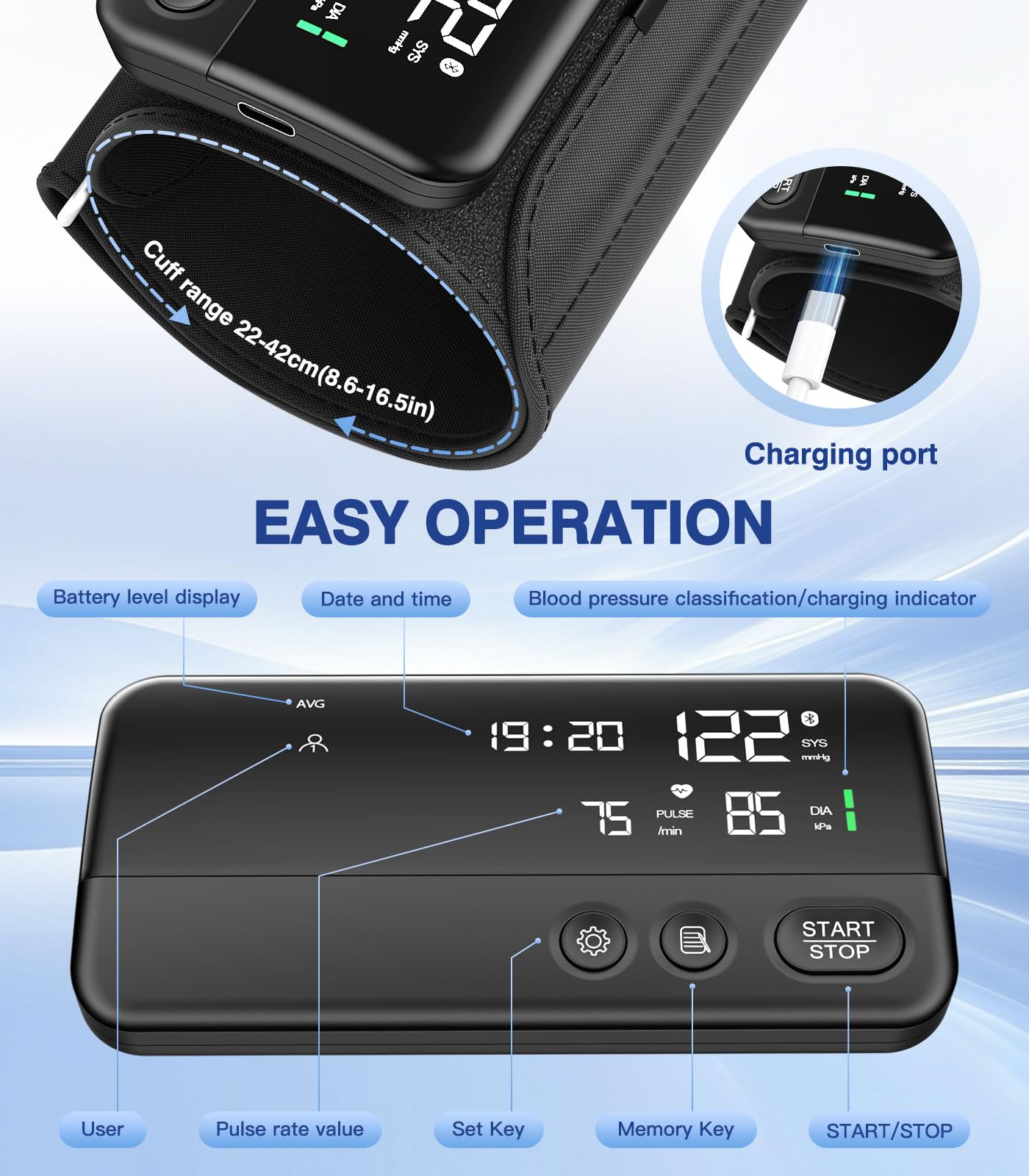 Upper Arm Blood Pressure Monitor, Rechargeable Blood Pressure Machine, Blood Pressure Monitors for Home Use, Portable One-Piece Design, Adjustable Wide Range Arm 10.6"-16.5", Large Display