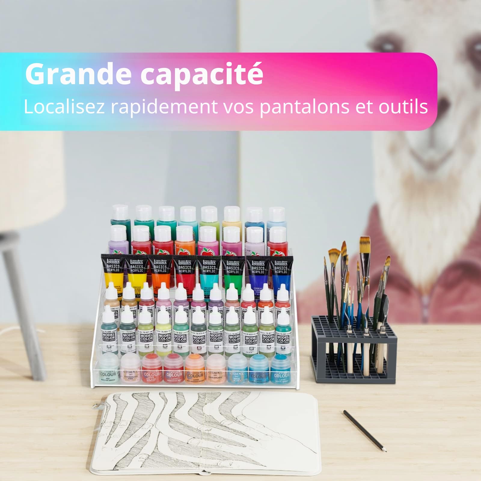 Organiseur de peinture acrylique à 6 couches et support de pinceaux à peinture à clipser - Facile à assembler - Pour loisirs créatifs, modèles miniatures - Gris (Grey)