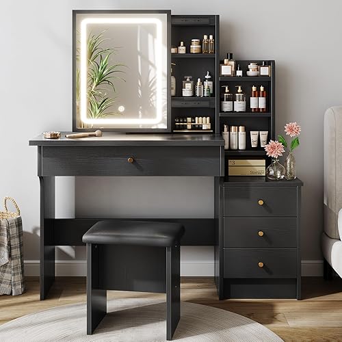 Miniatura 10 de Escritorio de tocador con espejo y luces, tocador de maquillaje con 3 modos de iluminación ajustables, pequeño escritorio de tocador con espejo