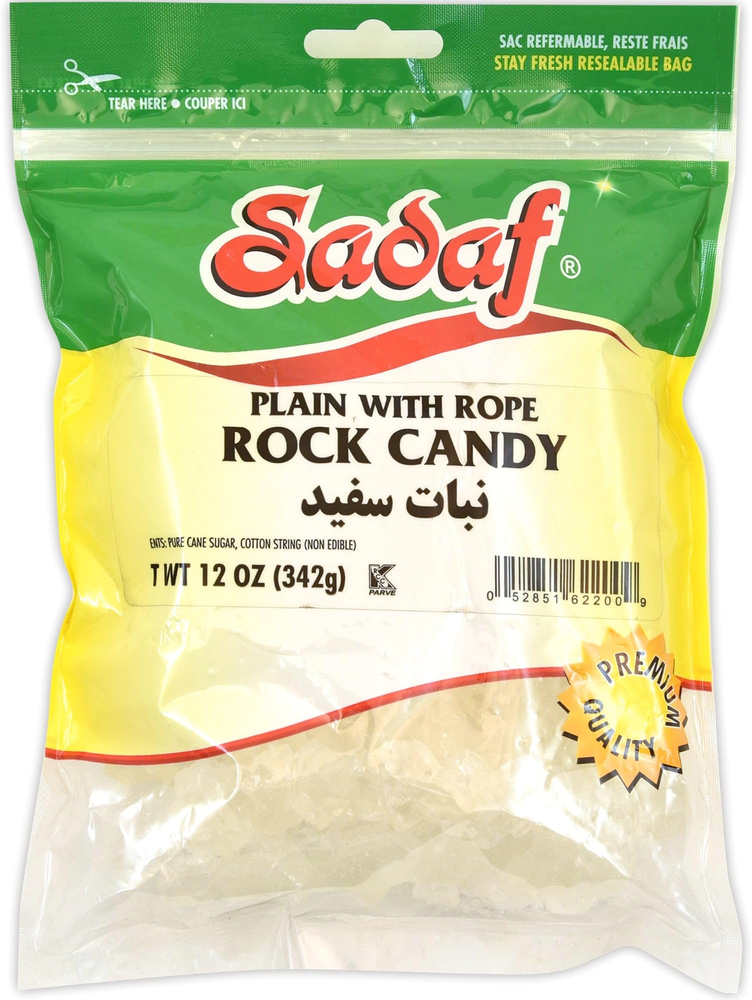 Sadaf Rock Candy Plain with Rope - Rock Candy String for Tea and Beverages - Food Flavoring Rocks - Classic Sweet Delight - 12 oz Resealable Bag