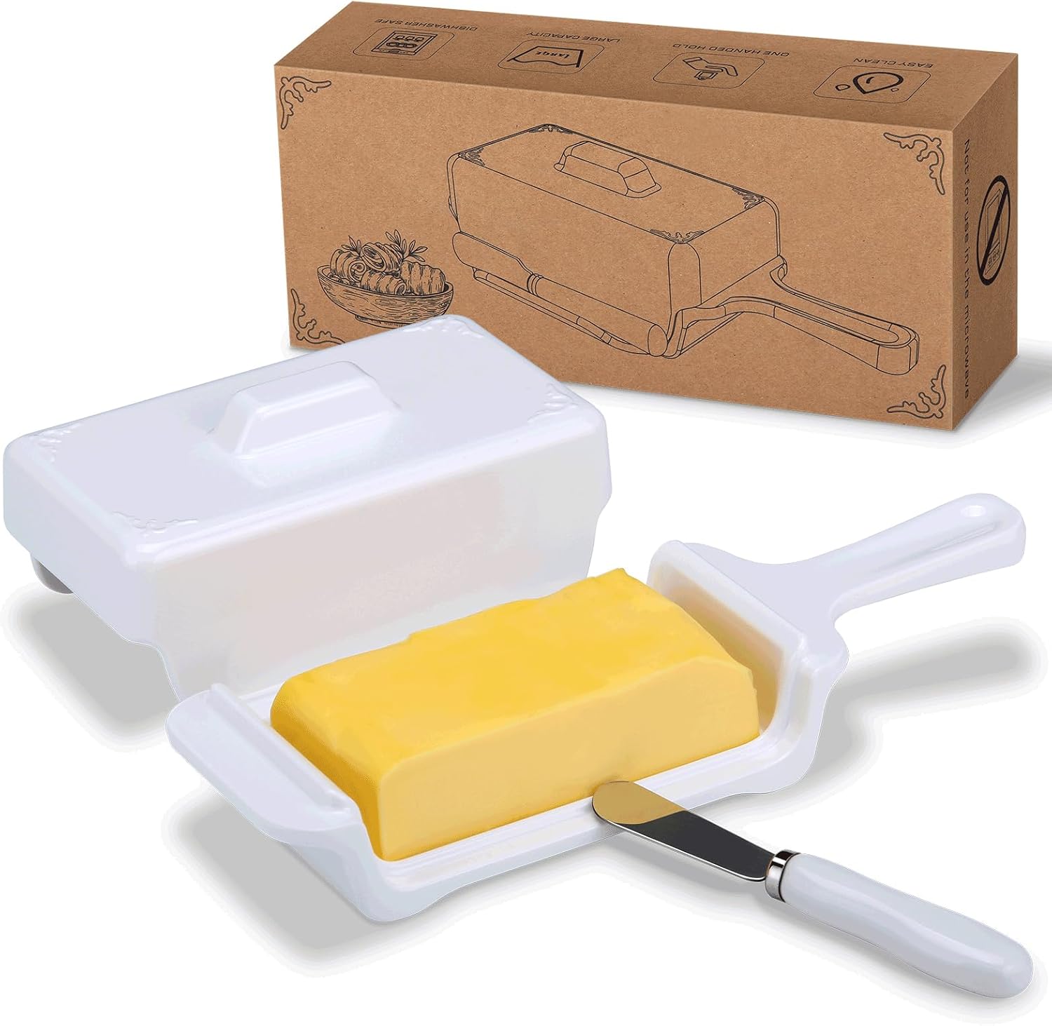 Butter Dish With Lid, Large Plastic Butter Holder Tray For Countertop, Butter Keeper Container With Cover And Handle -Easy Scoop For West/East Coast Butter (WHITE)