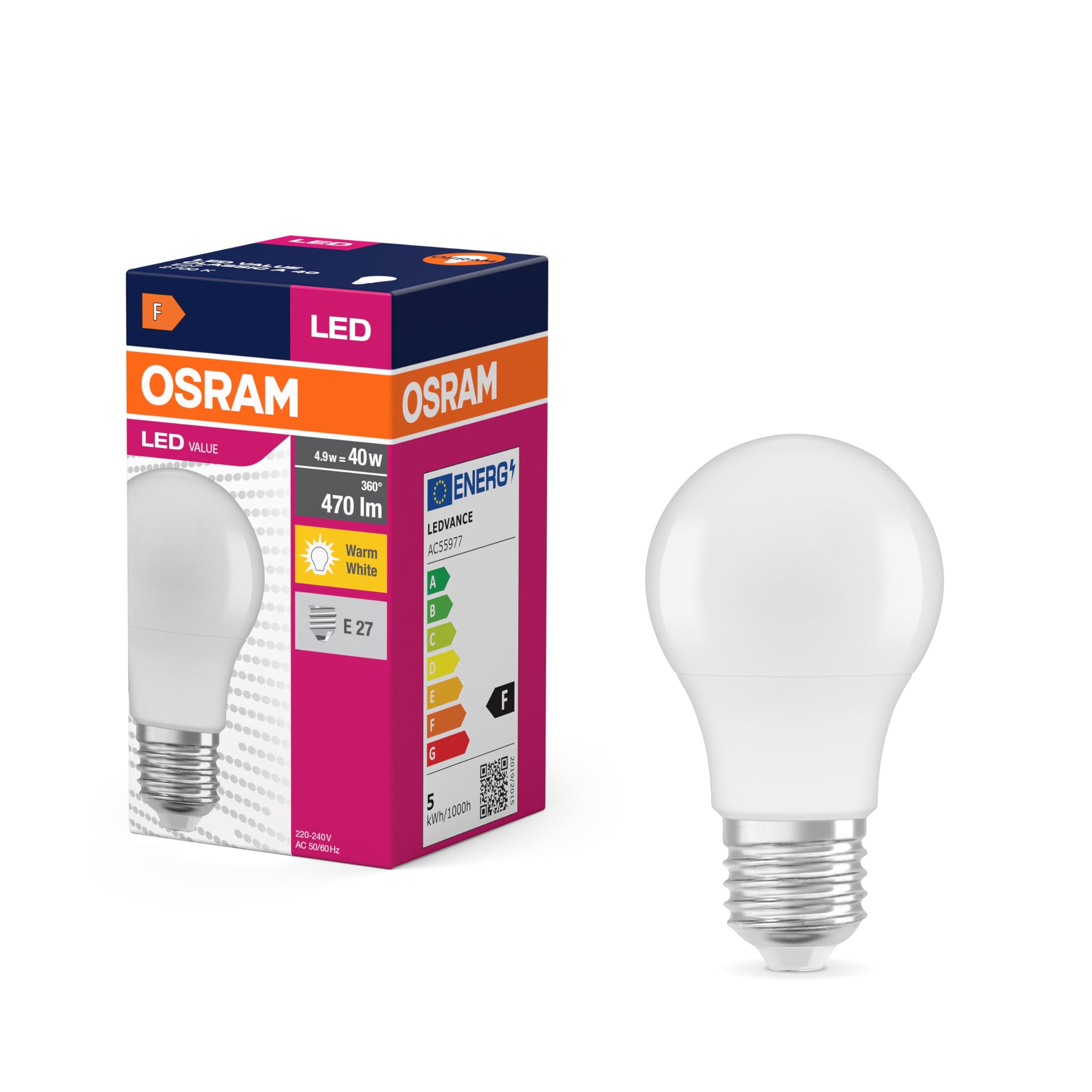 OSRAM LED Star Value Classic A40 LED Bulb for E27 Socket, Pear Shape, FR, 470 Lumens, Warm White (2700K)