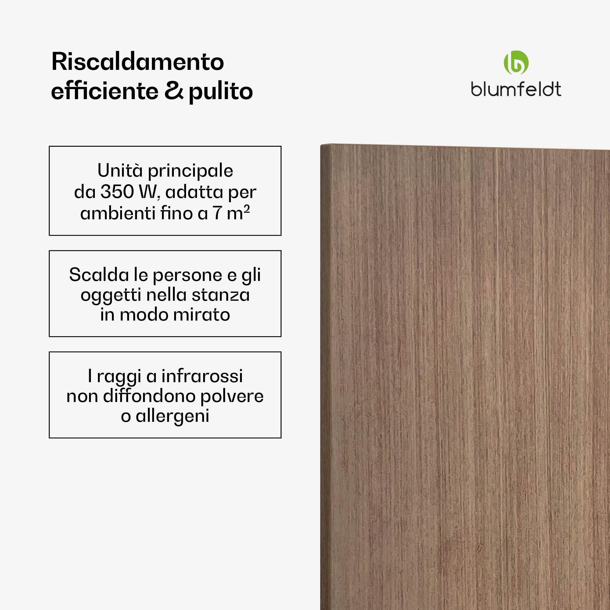 Blumfeldt - Pannello Radiante a Infrarossi, 350W – Montaggio a Parete, Controllo WiFi, IP44, Termostato Integrato, Timer 24h, Efficienza Energetica del 99%, Design in Legno, per Riscaldamento Rapido